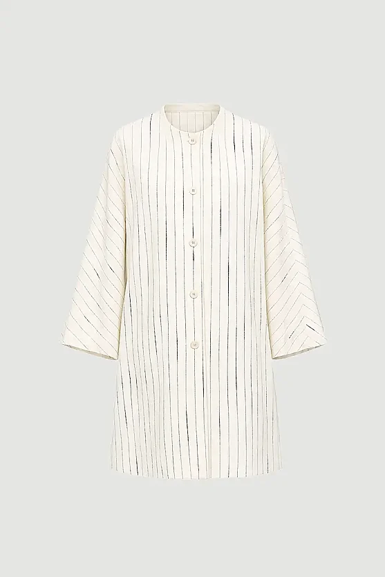 Simli Çizgili Müslin Kaftan - Ekru - Gusto