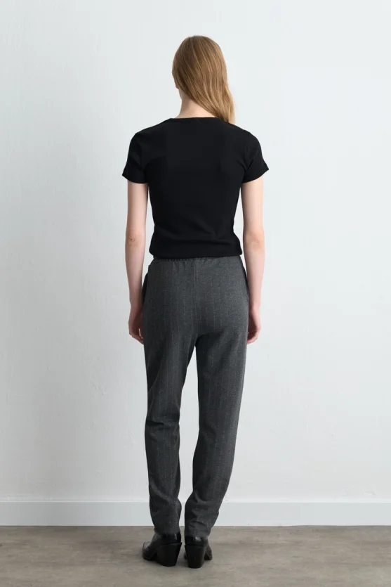 Simli Çizgili Örme Pantolon - Gri - 7