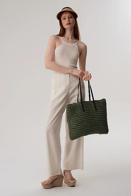 Simli Keten Pantolon - Ekru - 5
