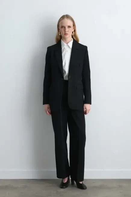 Single Button Blazer Jacket - Black Black