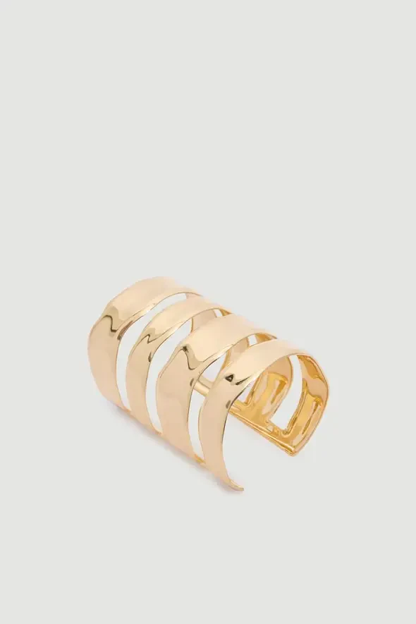 Sıralı Geniş Metal Bilezik - Gold - Gusto