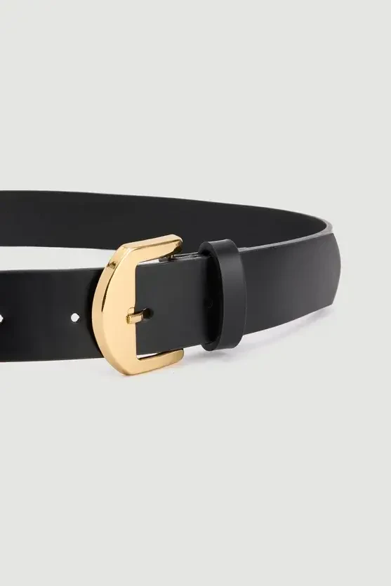 Square Buckle Leather Belt - Black - 3