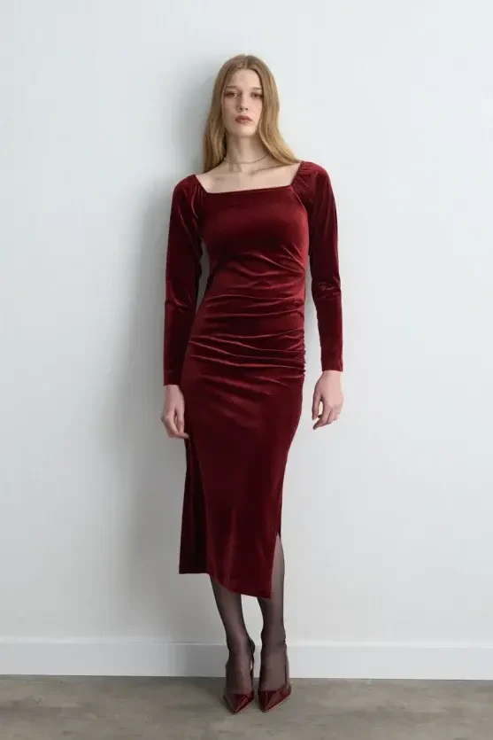 Square Neck Long Velvet Dress - Burgundy - Gusto