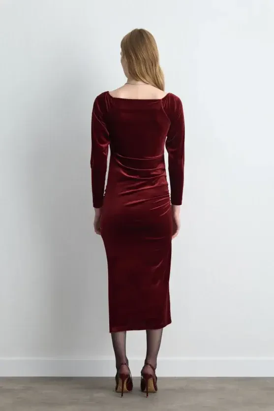 Square Neck Long Velvet Dress - Burgundy - 6