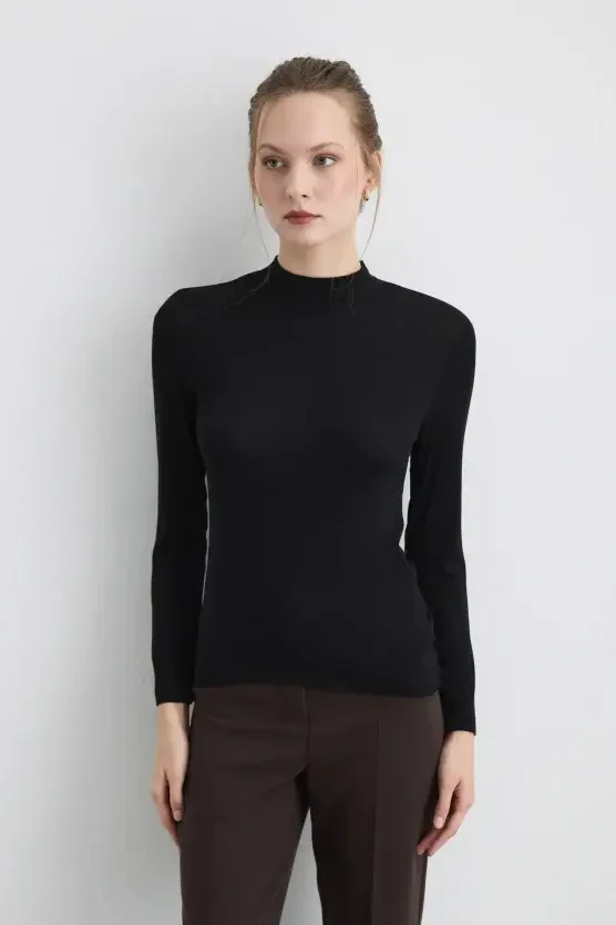 High-Neck Viscose Lycra Blouse - Black - 3