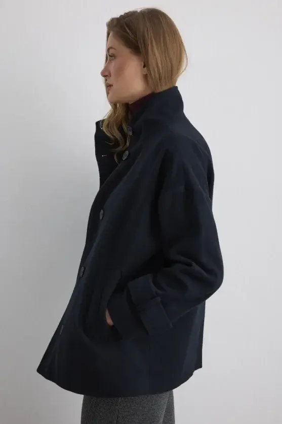 High-Collar Wool Coat - Navy - 4