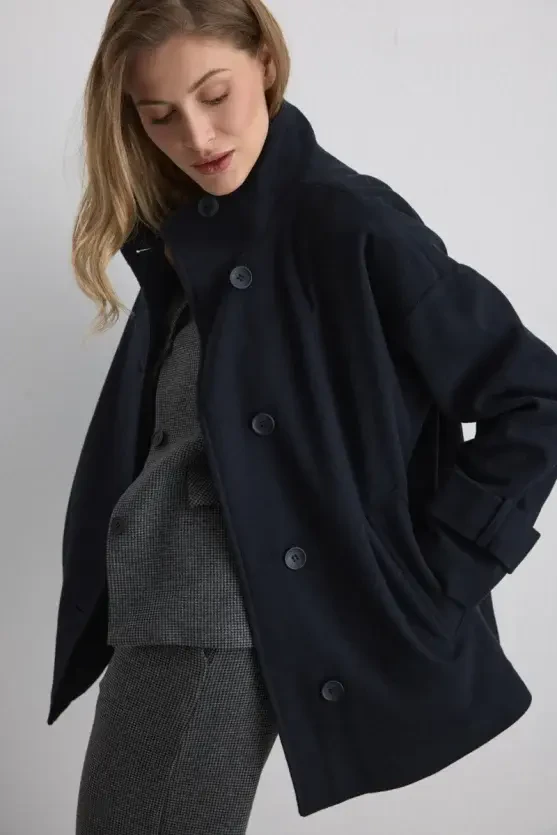 High-Collar Wool Coat - Navy - 5