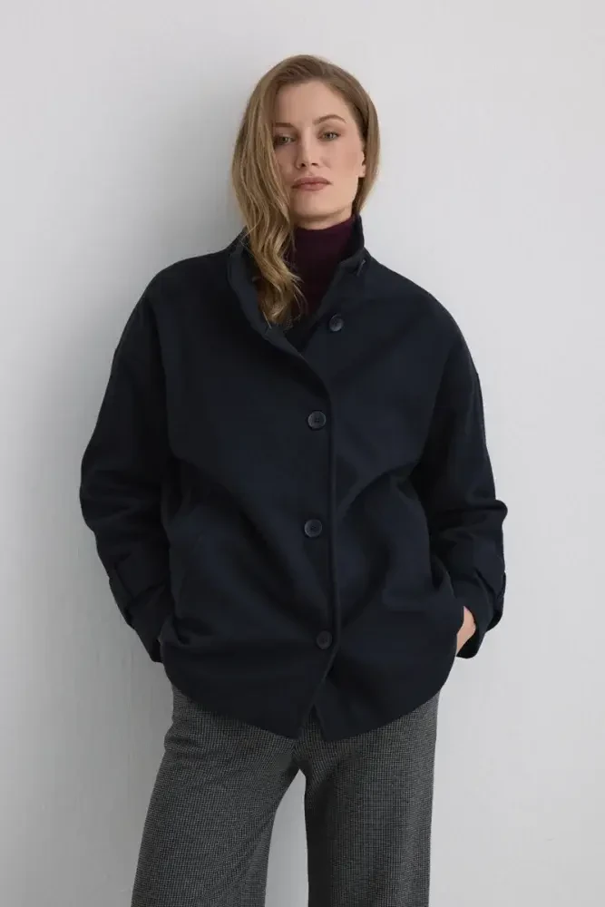 High-Collar Wool Coat - Navy