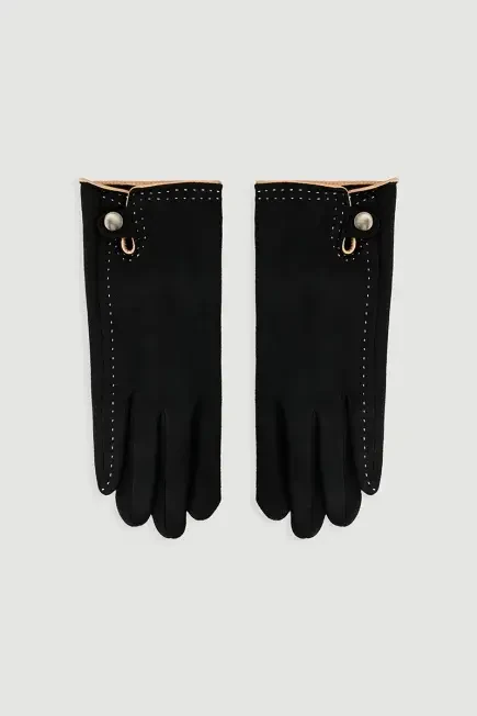 Stitched Suede-Texture Gloves - Black Black