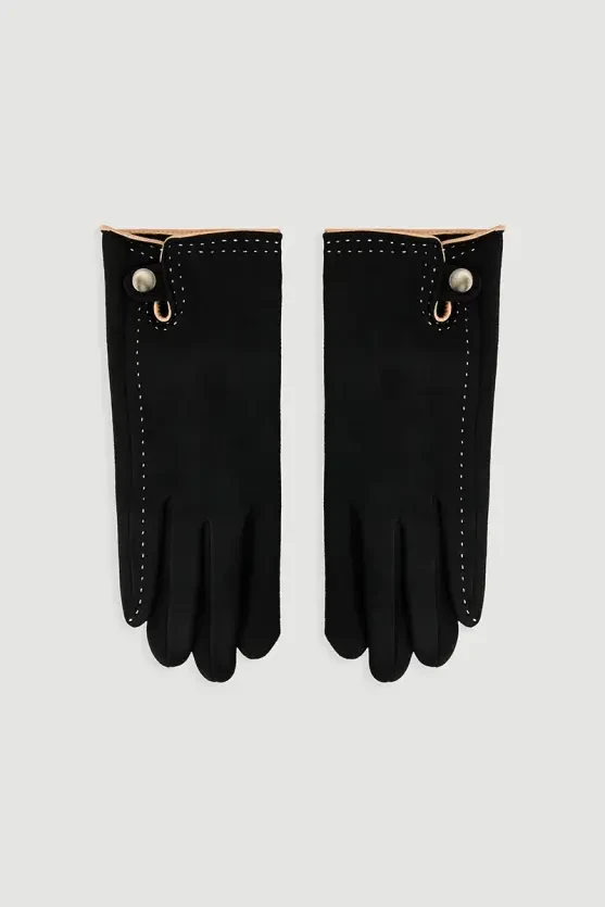Stitched Suede-Texture Gloves - Black - Gusto