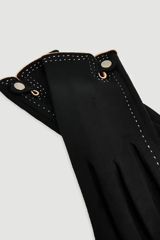 Stitched Suede-Texture Gloves - Black - 2