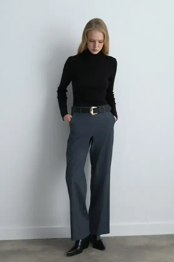 Straight Leg Fabric Pants - Navy Blue - 1
