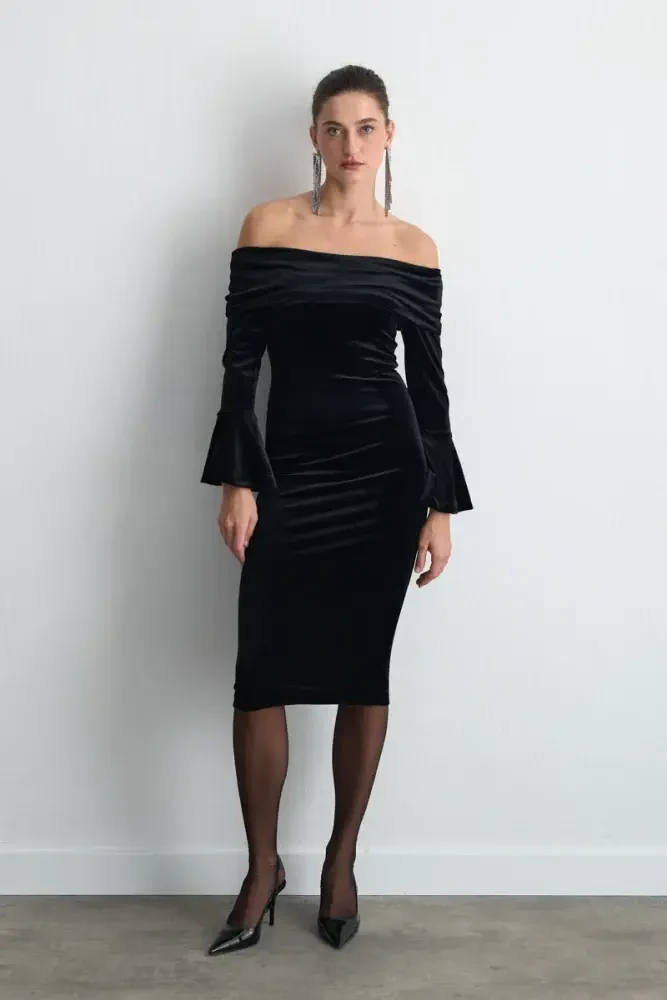 Strapless Velvet Midi Dress - Black Black