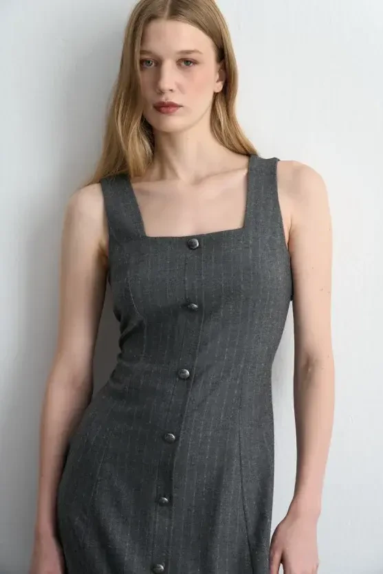 Strappy Long Pinafore Dress - Gray - Gusto