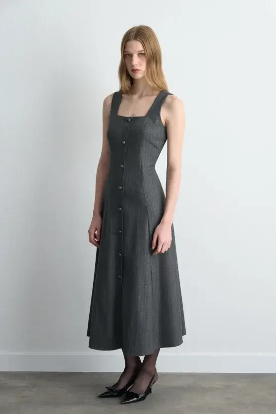 Strappy Long Pinafore Dress - Gray - Gusto