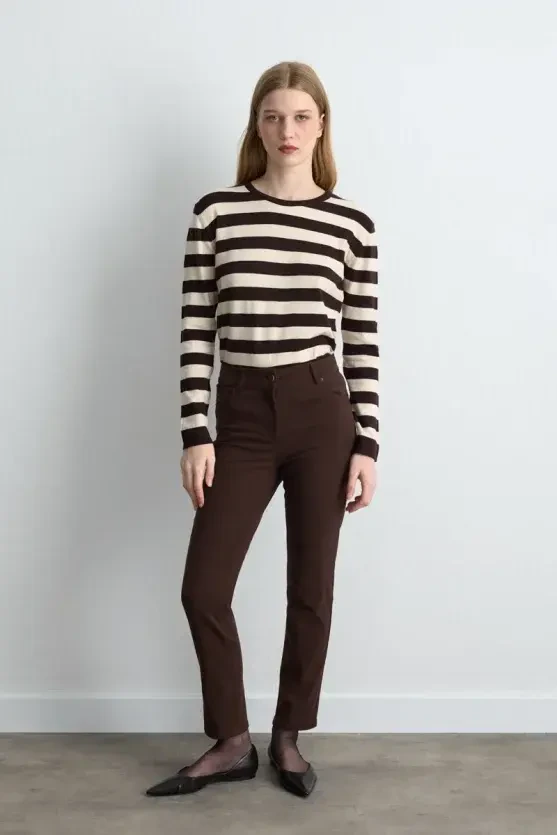 Striped Basic Knit Blouse - Brown - 3