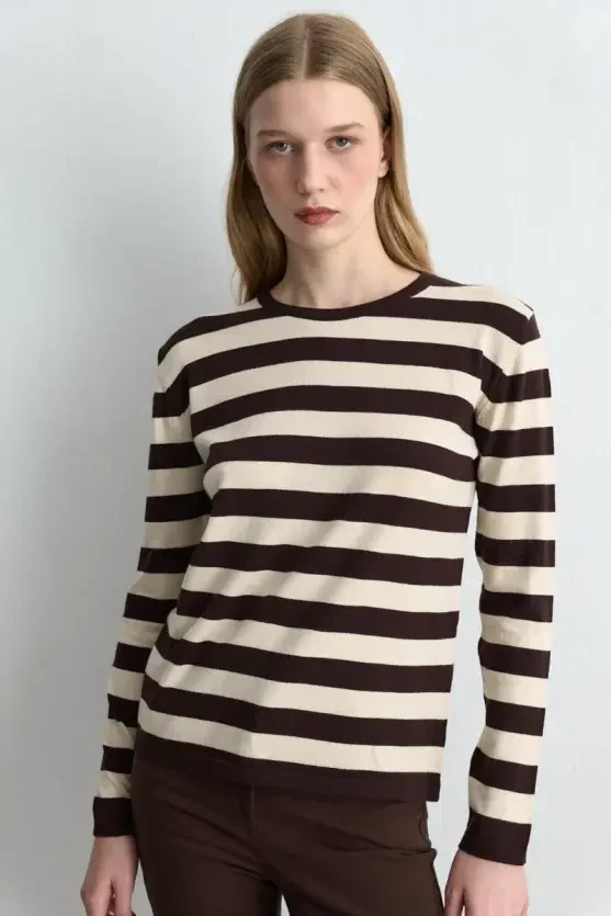 Striped Basic Knit Blouse - Brown - 1