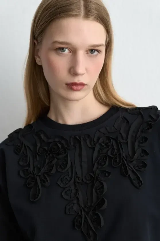 Striped Embroidered Cotton Sweatshirt - Black - 7