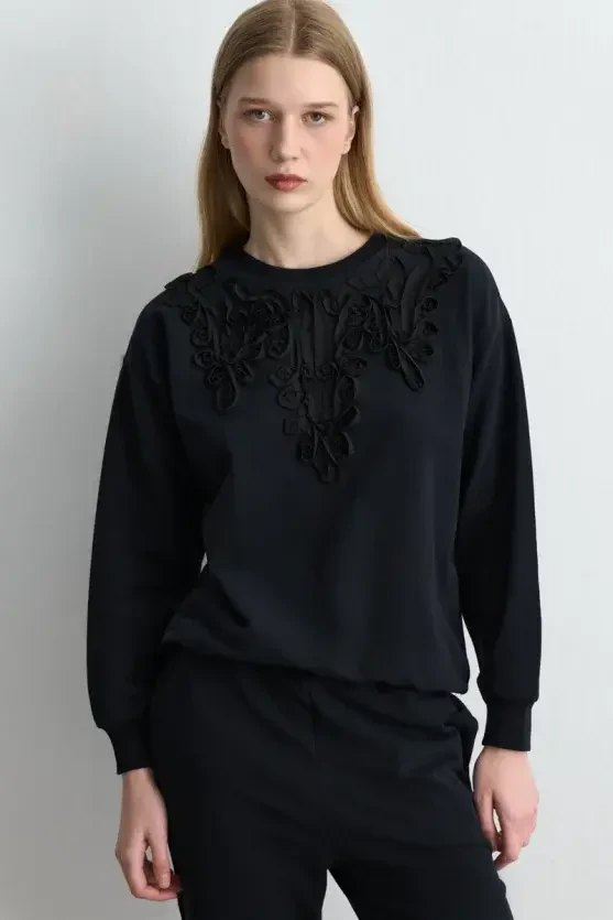 Striped Embroidered Cotton Sweatshirt - Black - Gusto