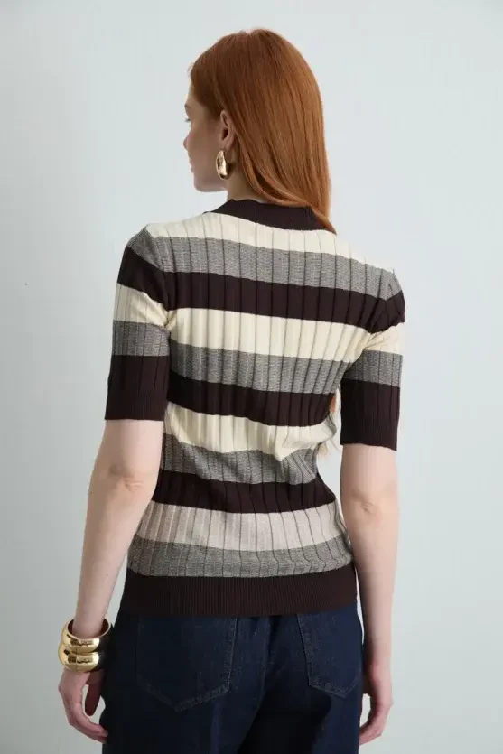 Striped Half-Sleeve Knit Blouse - Brown - Gusto