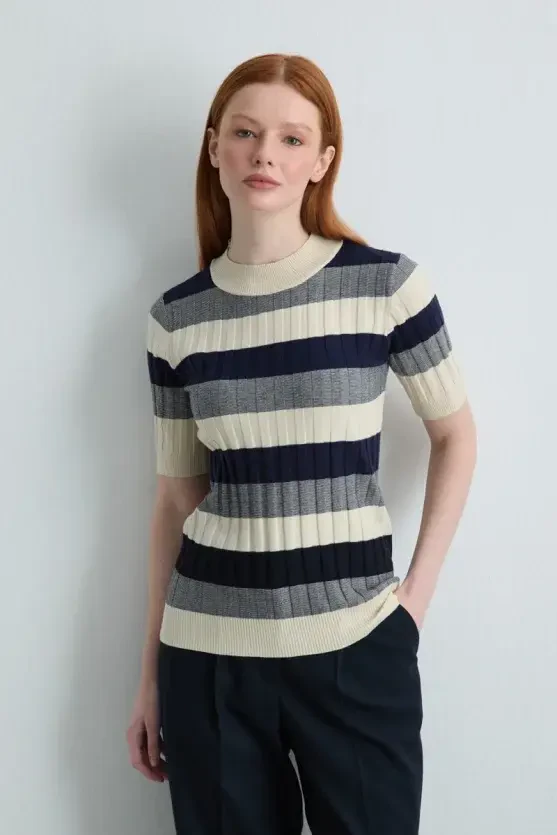 Striped Half-Sleeve Knit Blouse - Navy Blue - 1
