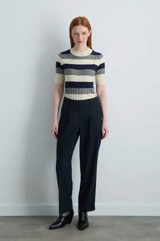 Striped Half-Sleeve Knit Blouse - Navy Blue - 2