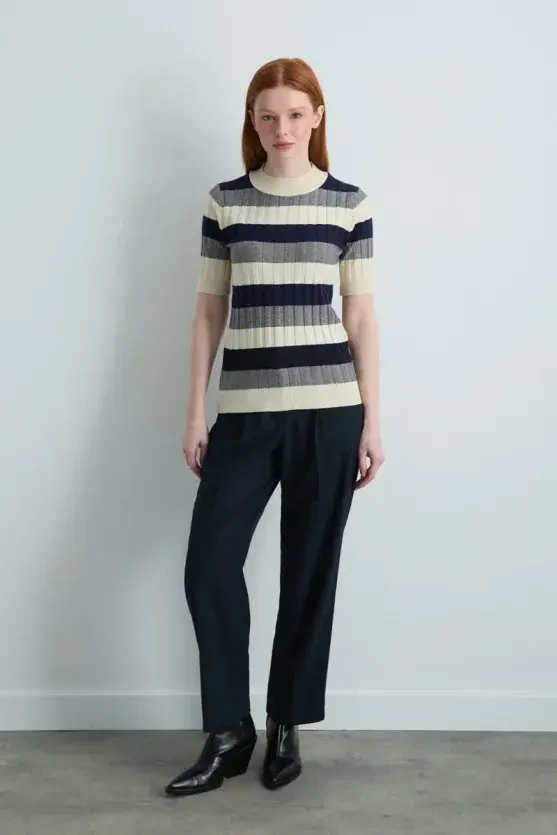 Striped Half-Sleeve Knit Blouse - Navy Blue - Gusto
