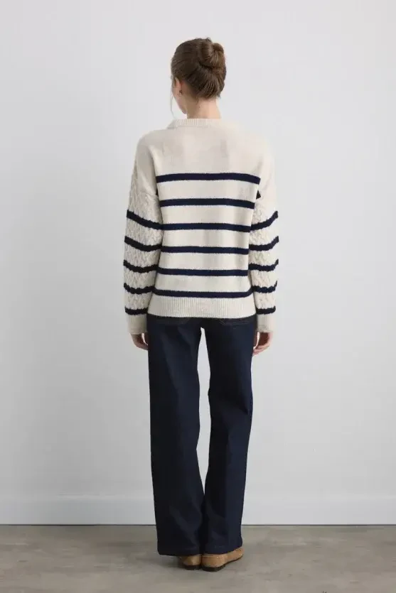 Striped Textured Knit Blouse - Ecru - Gusto