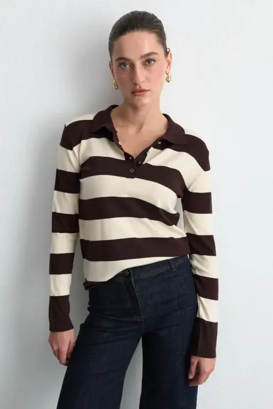 Striped Polo Neck Knit Blouse - Brown - 2