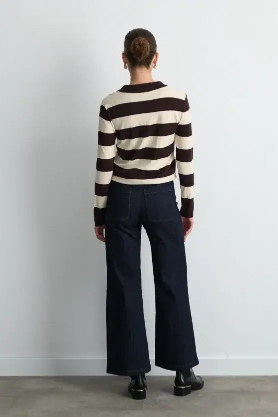 Striped Polo Neck Knit Blouse - Brown - Gusto