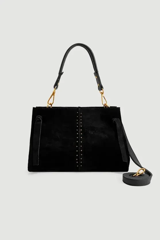 Studded Suede Bag - Black - 1