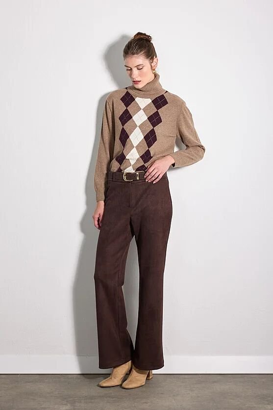 Süet Flare Paça Pantolon - Kahverengi - Gusto