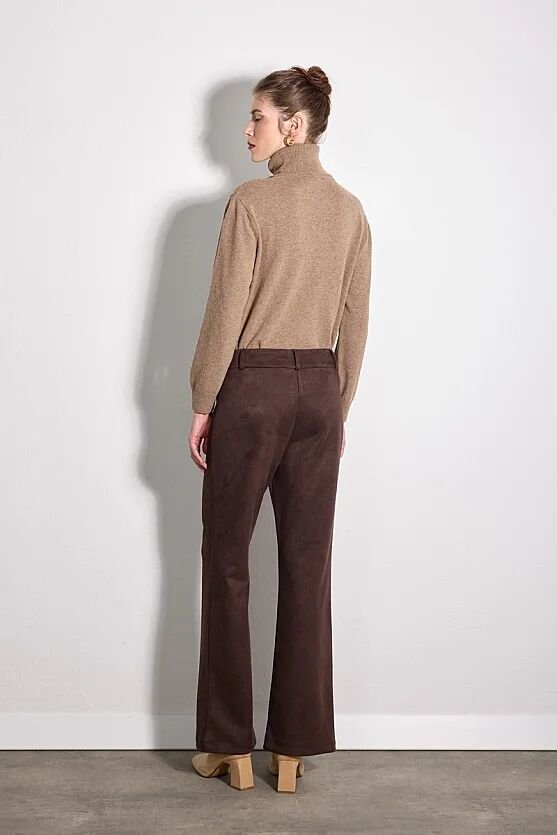 Süet Flare Paça Pantolon - Kahverengi - 8