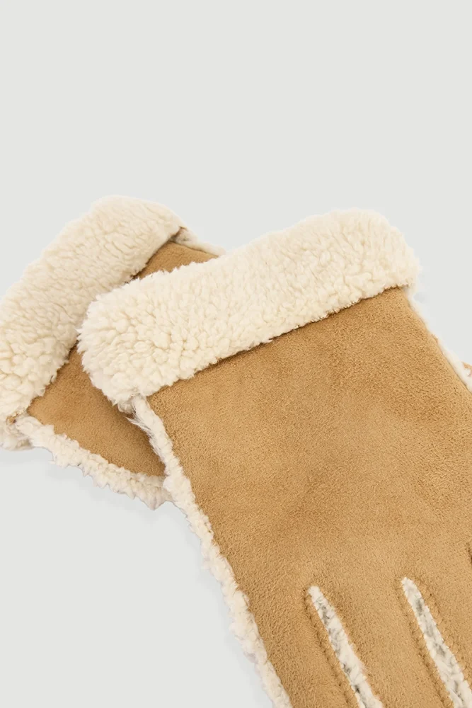 İçi Peluş Süet Eldiven - Camel - Gusto (1)