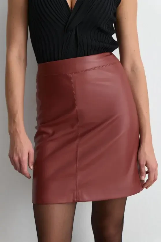 Suni Deri Mini Etek - Bordo - Gusto