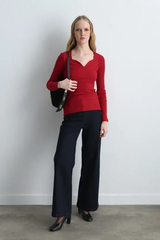 Sweetheart Neck Cotton Blouse - Red - Gusto