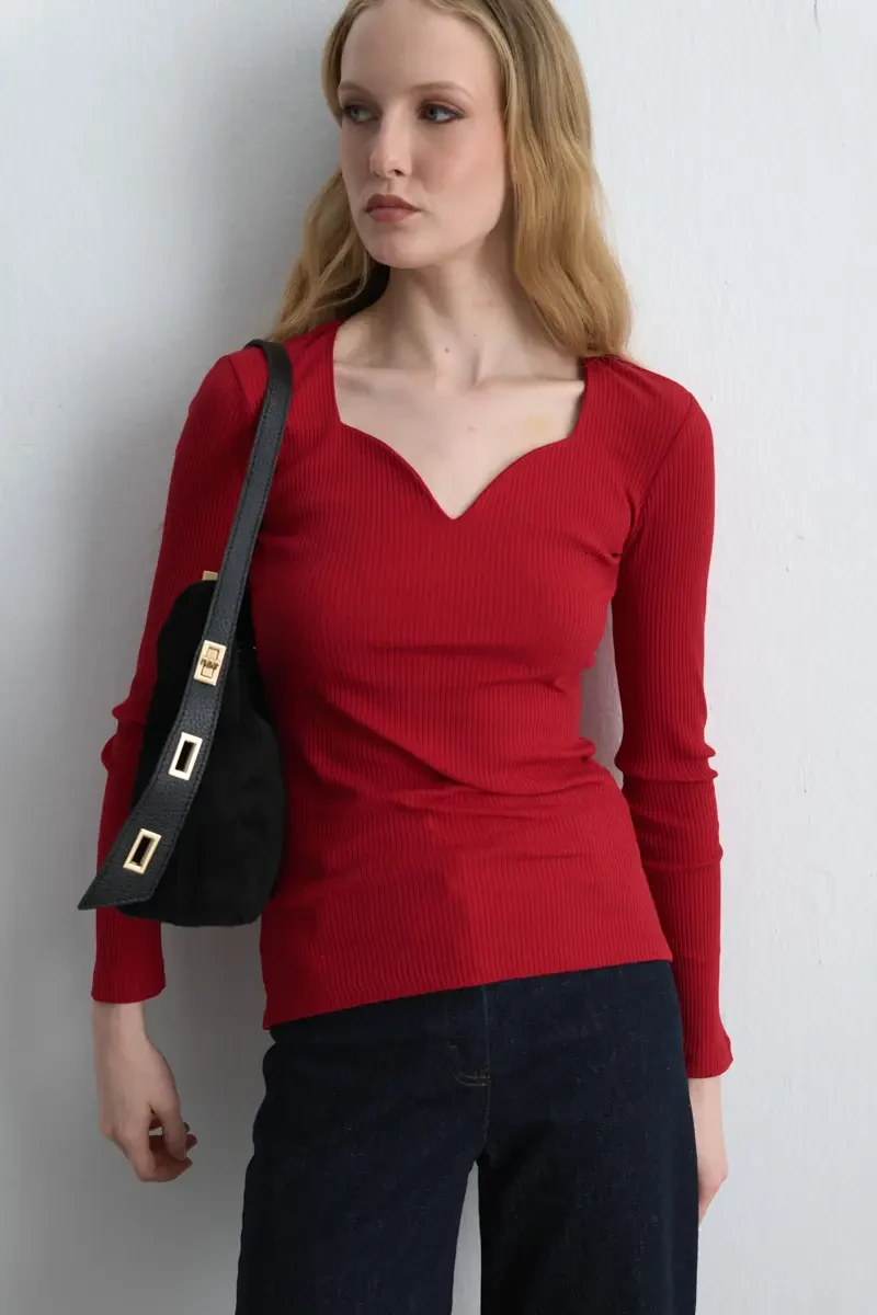 Sweetheart Neck Cotton Blouse - Red