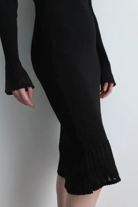 Sweetheart Neck Ruffled Viscose Knit Dress - Black - Gusto