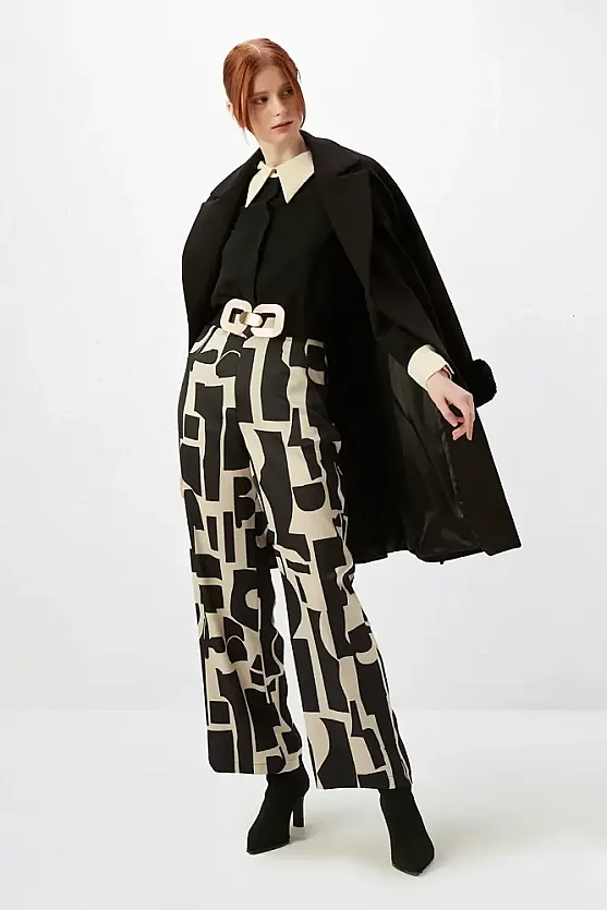 Taş Desenli Bol Paça Pantolon - Siyah - 1