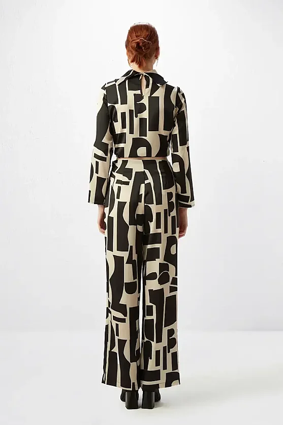 Taş Desenli Bol Paça Pantolon - Siyah - 7