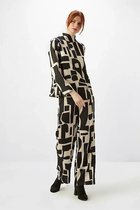 Taş Desenli Bol Paça Pantolon - Siyah - 3