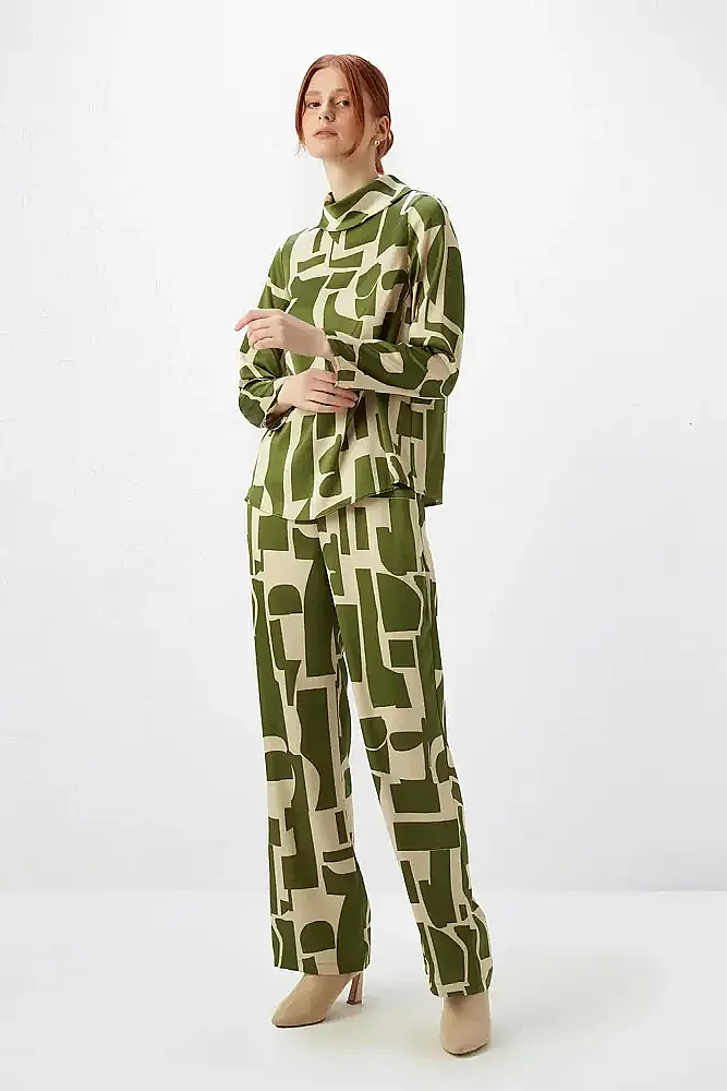 Taş Desenli Bol Paça Pantolon - Yeşil