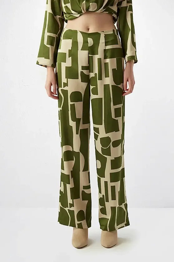 Taş Desenli Bol Paça Pantolon - Yeşil - 2
