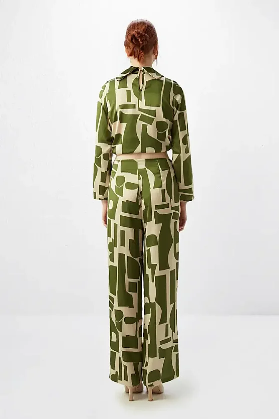 Taş Desenli Bol Paça Pantolon - Yeşil - 