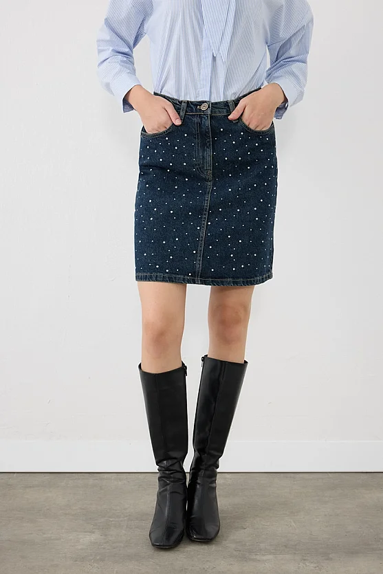 Taş Detaylı Mini Denim Etek - Lacivert - 2