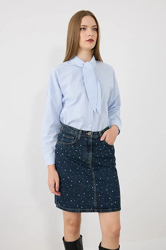 Taş Detaylı Mini Denim Etek - Lacivert - Gusto