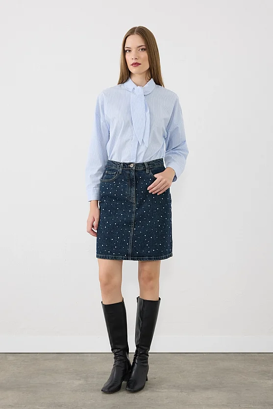 Taş Detaylı Mini Denim Etek - Lacivert - Gusto