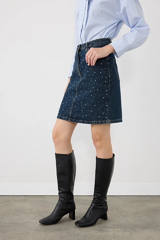 Taş Detaylı Mini Denim Etek - Lacivert - Gusto