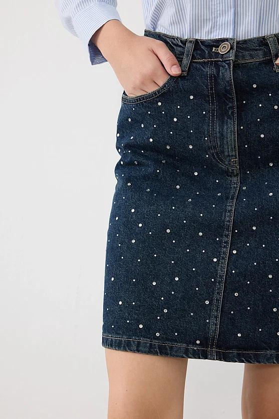 Taş Detaylı Mini Denim Etek - Lacivert - Gusto