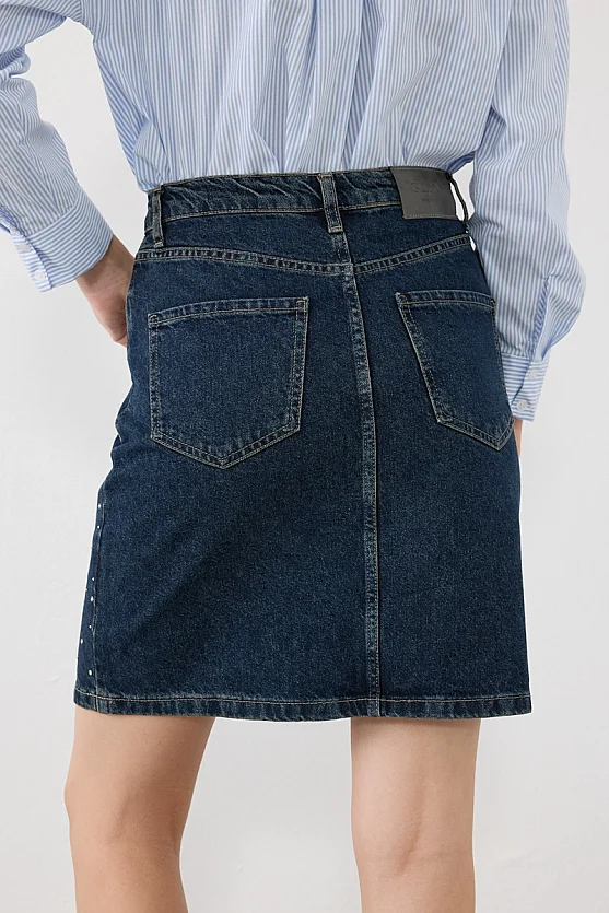 Taş Detaylı Mini Denim Etek - Lacivert - Gusto